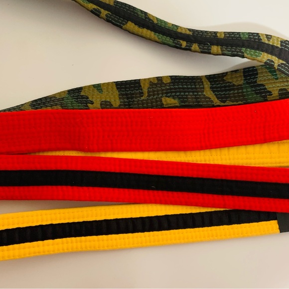 3 Martial Art Karate Belts Jujitsu Red, Army Green, Yellow w/Black Stripe Size 6 - Picture 2 of 2